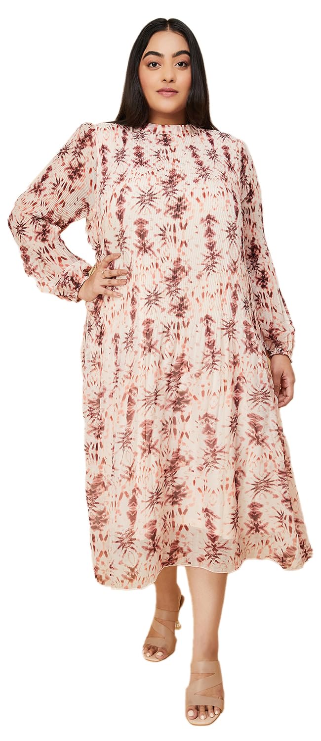 Max Women's Polyester A-Line Midi Dress (DTI3403PBEIGE_Beige