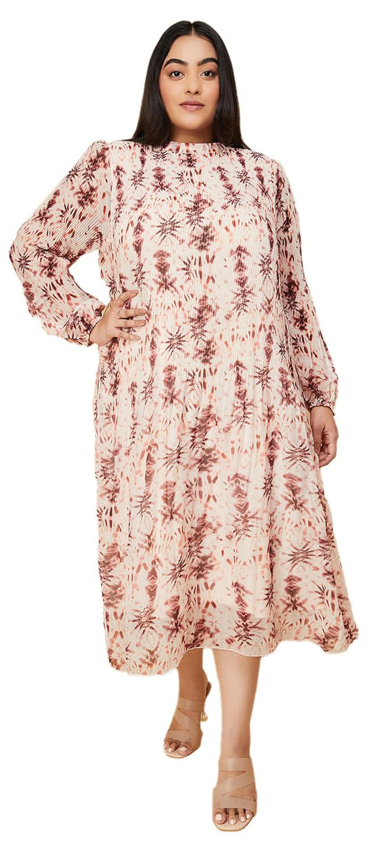 Max Women's Polyester A-Line Midi Dress (DTI3403PBEIGE_Beige