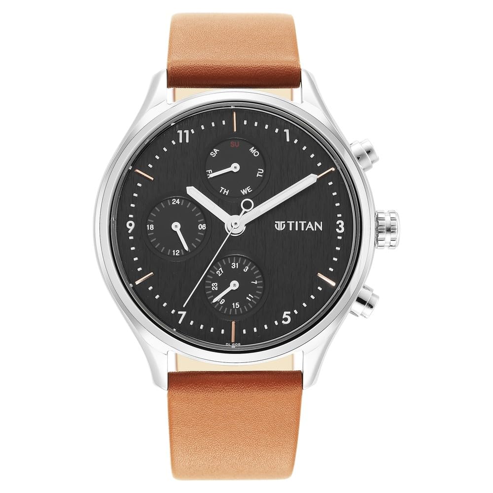Titan Neo Quartz Multifunction Black Dial Brown Leather Strap Watch for Men - NT1803SL02