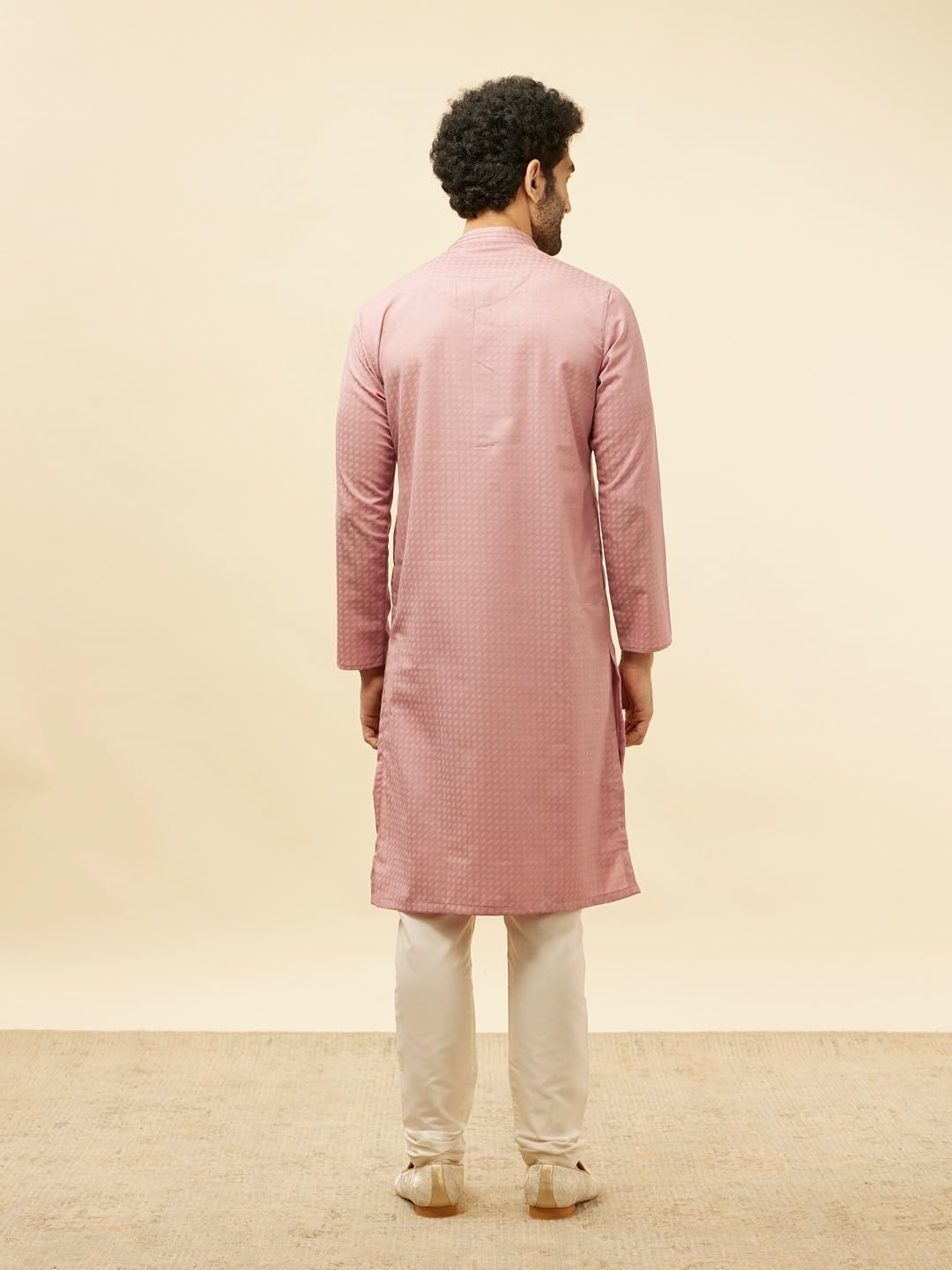 Manyavar Men's Pink Blended Cotton Printed Kurta Pyjama Set (XL)