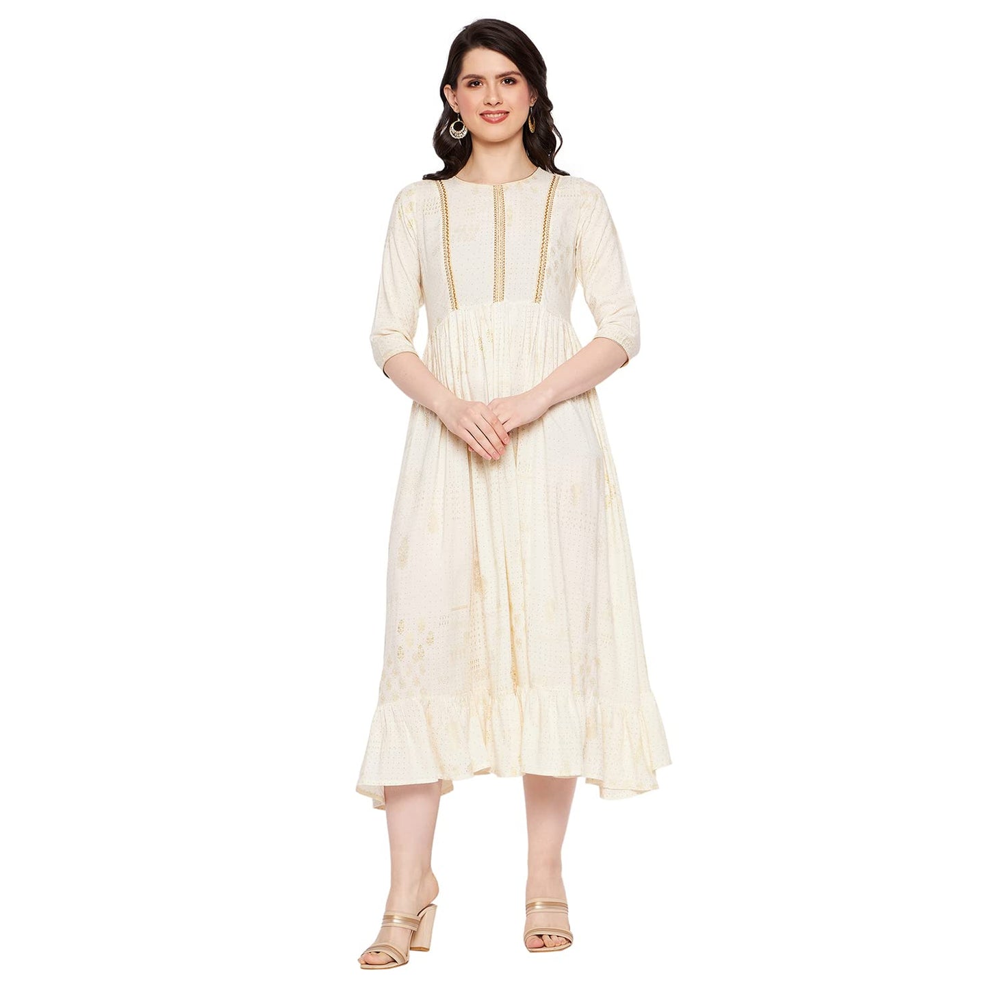 Rangavali Off White Foill Printed Cotton Frill Dress for Women | Stylish Kurti for Woman | A-Line Tiered Dress | Sundress | Maxi Dress | Short Dress | Wedding Party Ethnic Dress | Off White, 34 M