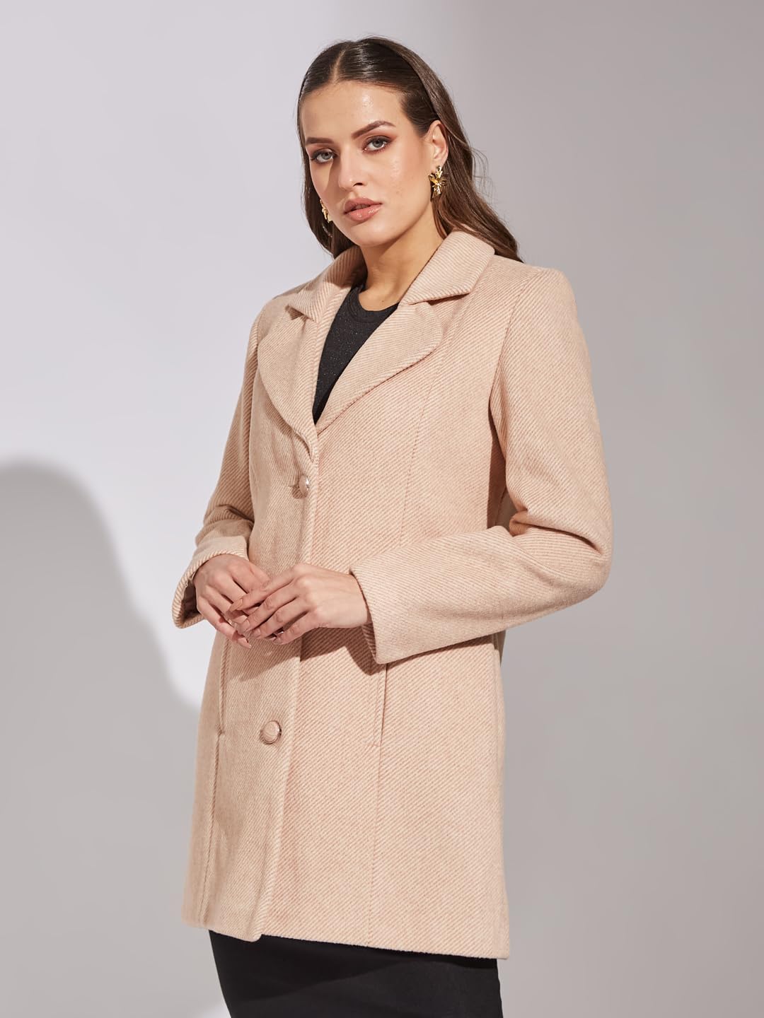 Latin Quarters Women Beige Full Sleeve Casual Solid Coat_XL