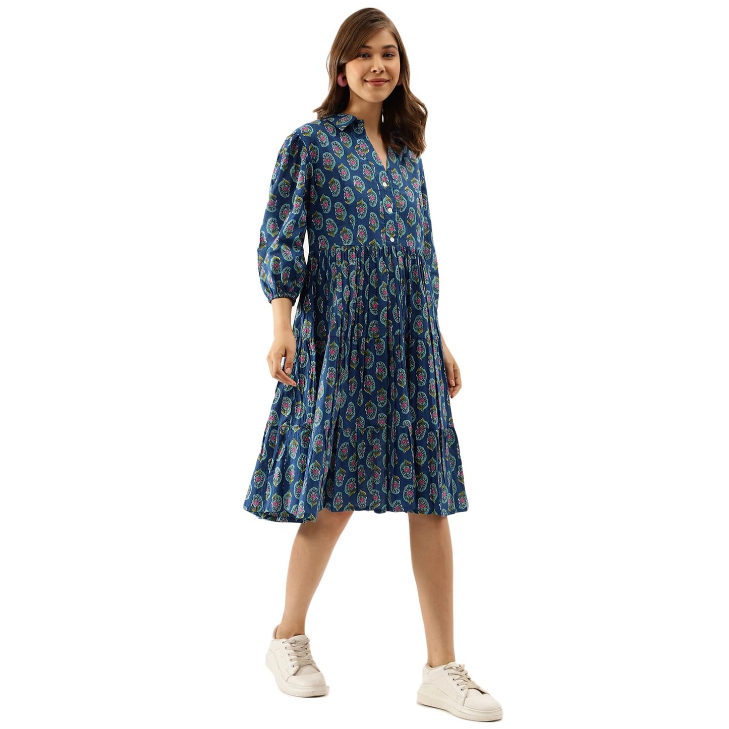 Divena Women's Cotton Fit and Flare Midi Dress (Model_Number#1.Value_Blue