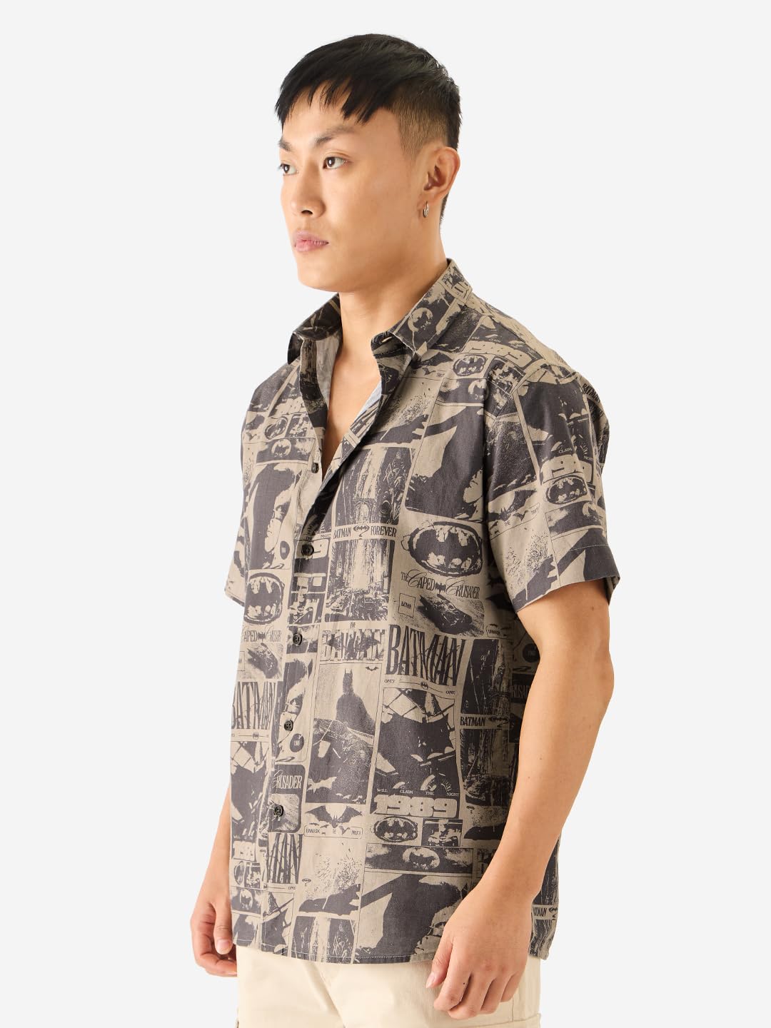 The Souled Store Official Batman: 1989 Men and Boys Short Sleeve Collared Neck Button Down Grey All Over Print Cotton Summer Shirts