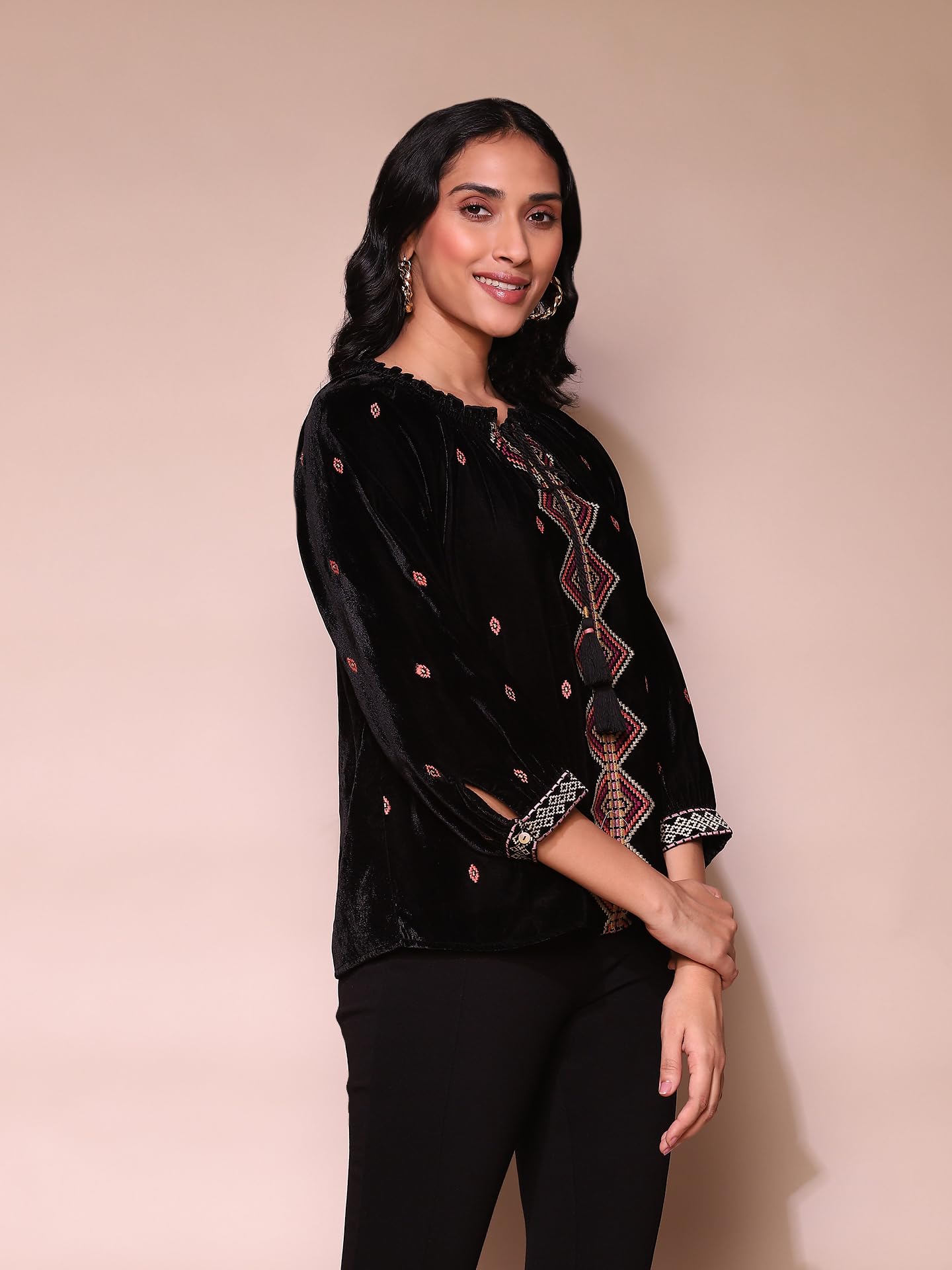 Label RITU KUMAR Black Embroidered Velvet Top