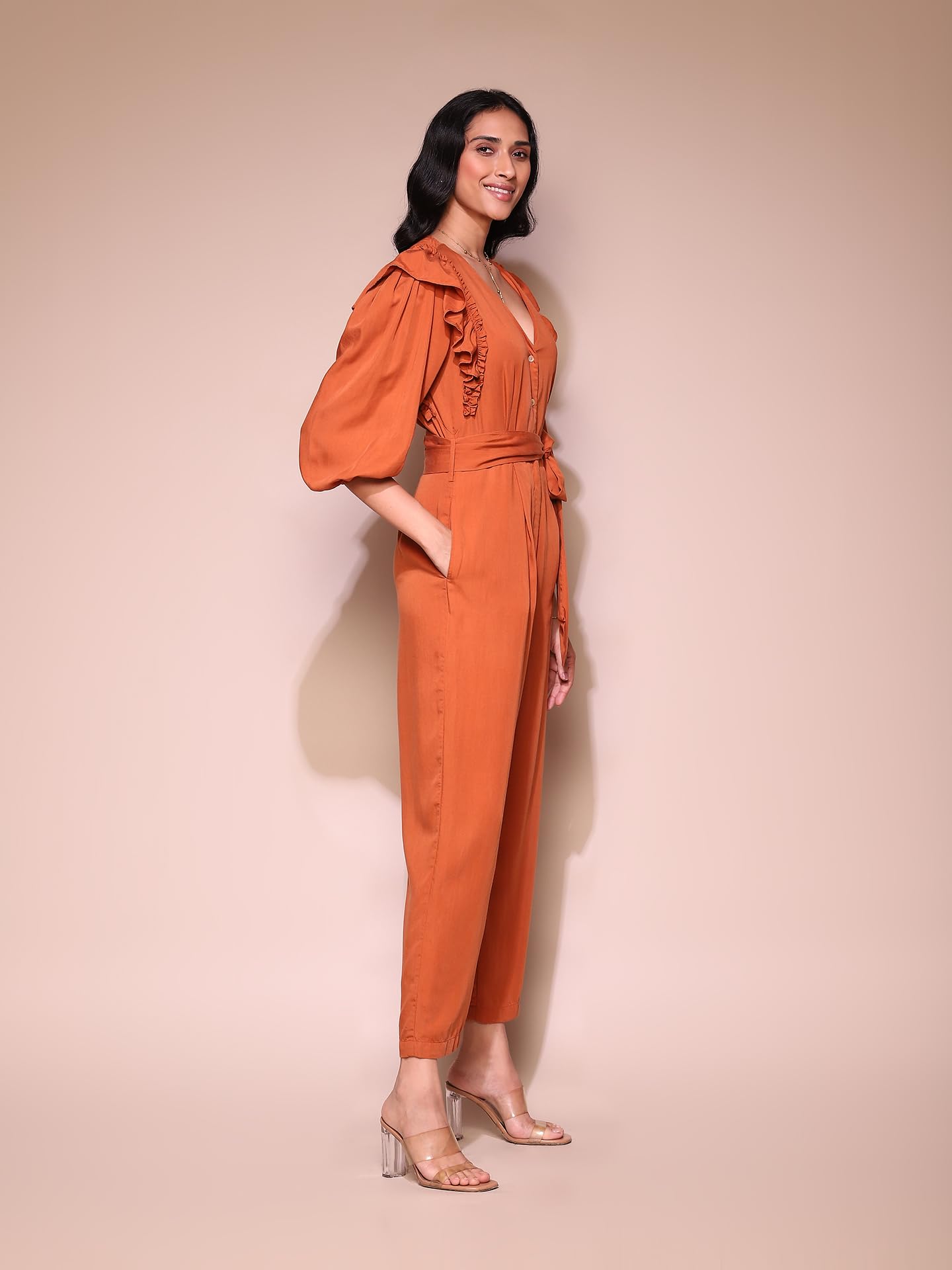 Label RITU KUMAR Rust Ruffle Jumpsuit