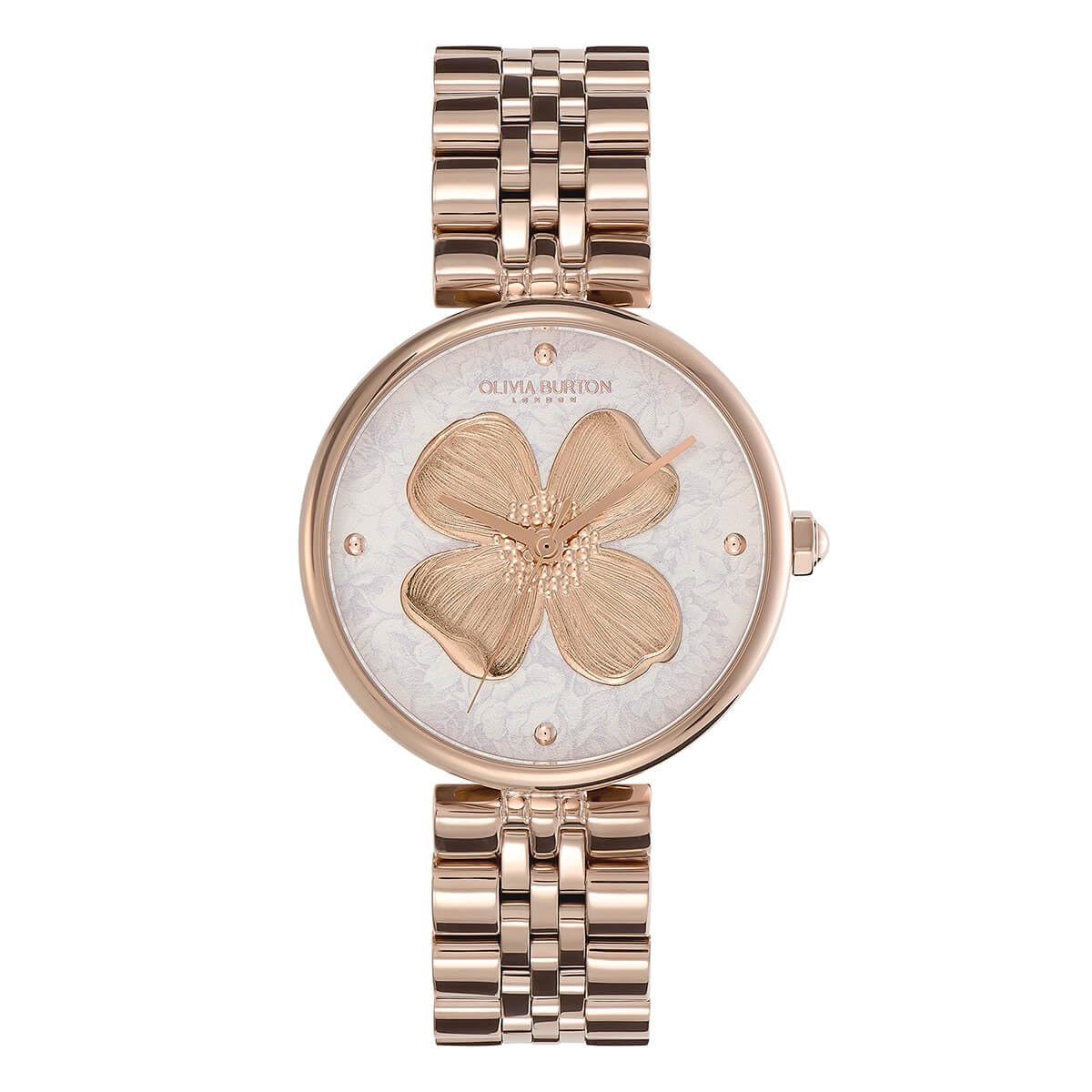 Olivia Burton Dogwood Qtz Basic Silver White Round Dial Women's Watch|Ionic Plated Carnation Gold Steel Material|Gold Color Band - 24000090