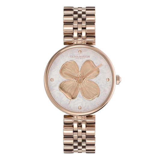 Olivia Burton Dogwood Qtz Basic Silver White Round Dial Women's Watch|Ionic Plated Carnation Gold Steel Material|Gold Color Band - 24000090