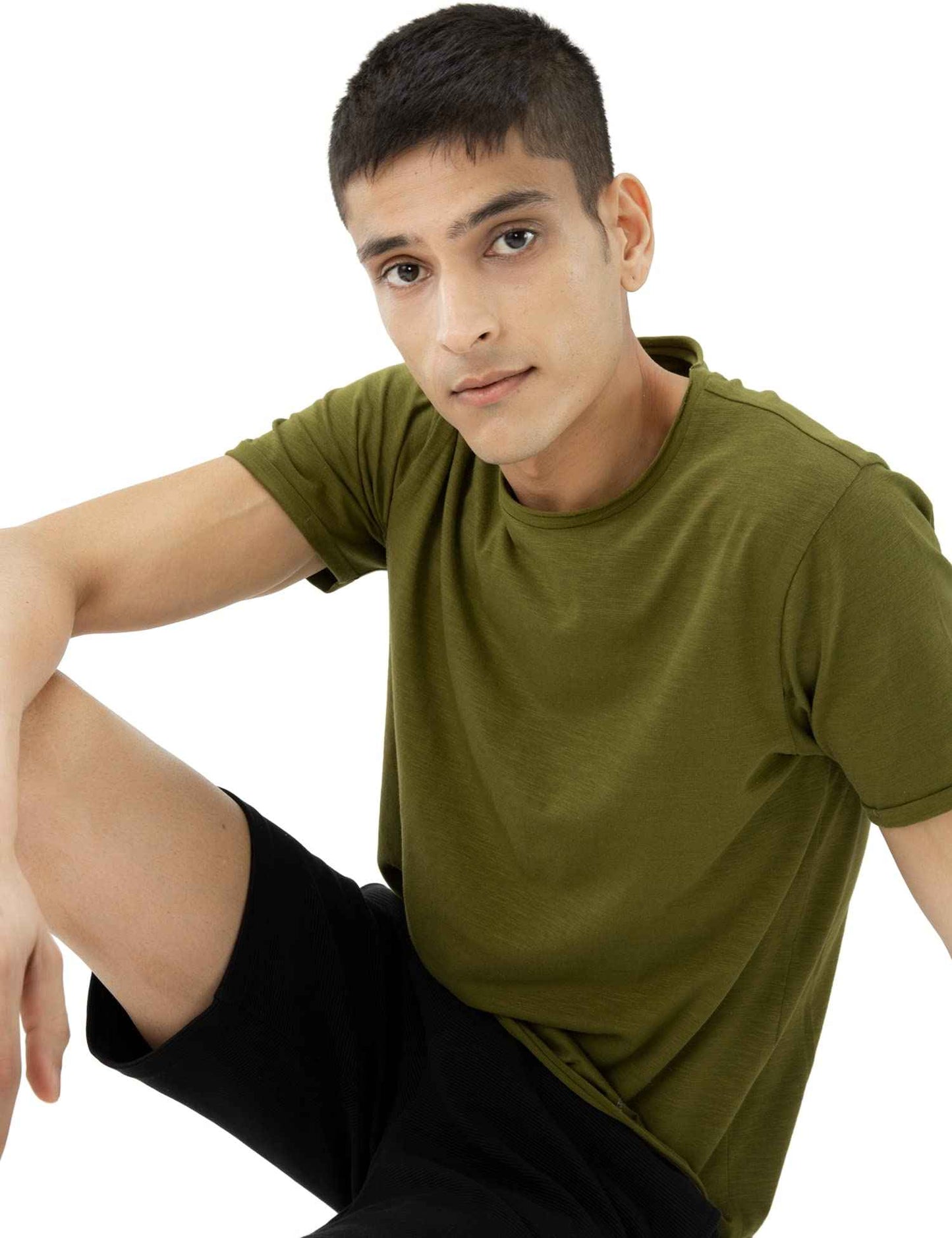 DAMENSCH Men’s Slim Fit Cotton-Elastane Blend Half Sleeve Casual T-Shirt | Round Neck T-Shirt Olive Green