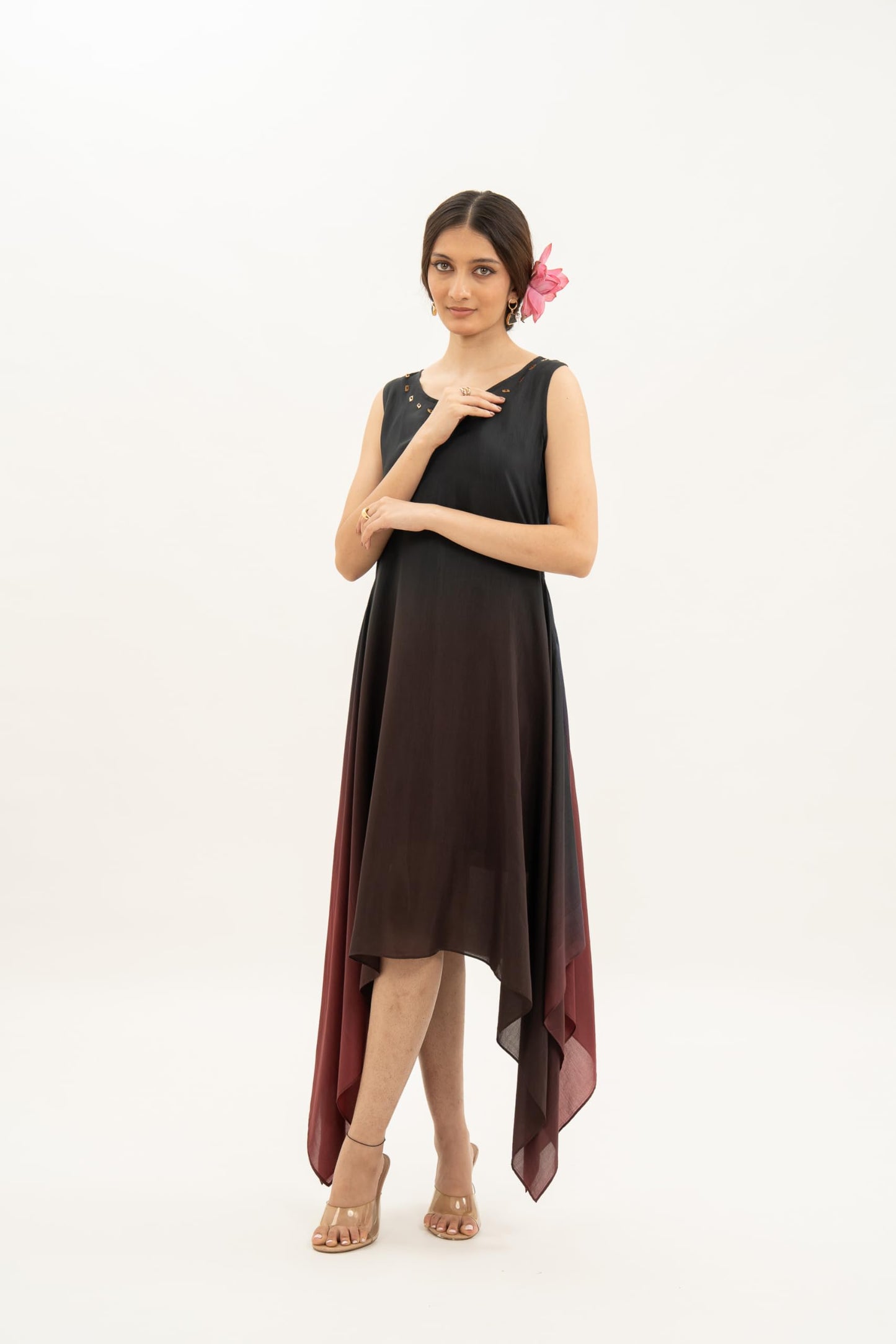 MIORAH Artisanal Ethnic Dress for Women & Girls,Muslin Modal Regular Fit One Piece Dress for Women’s, Sleeveless Round Neck Midi Dress with Hand Embroidery and Metal Sequins (Colour- Ombre, Size- 3XL)