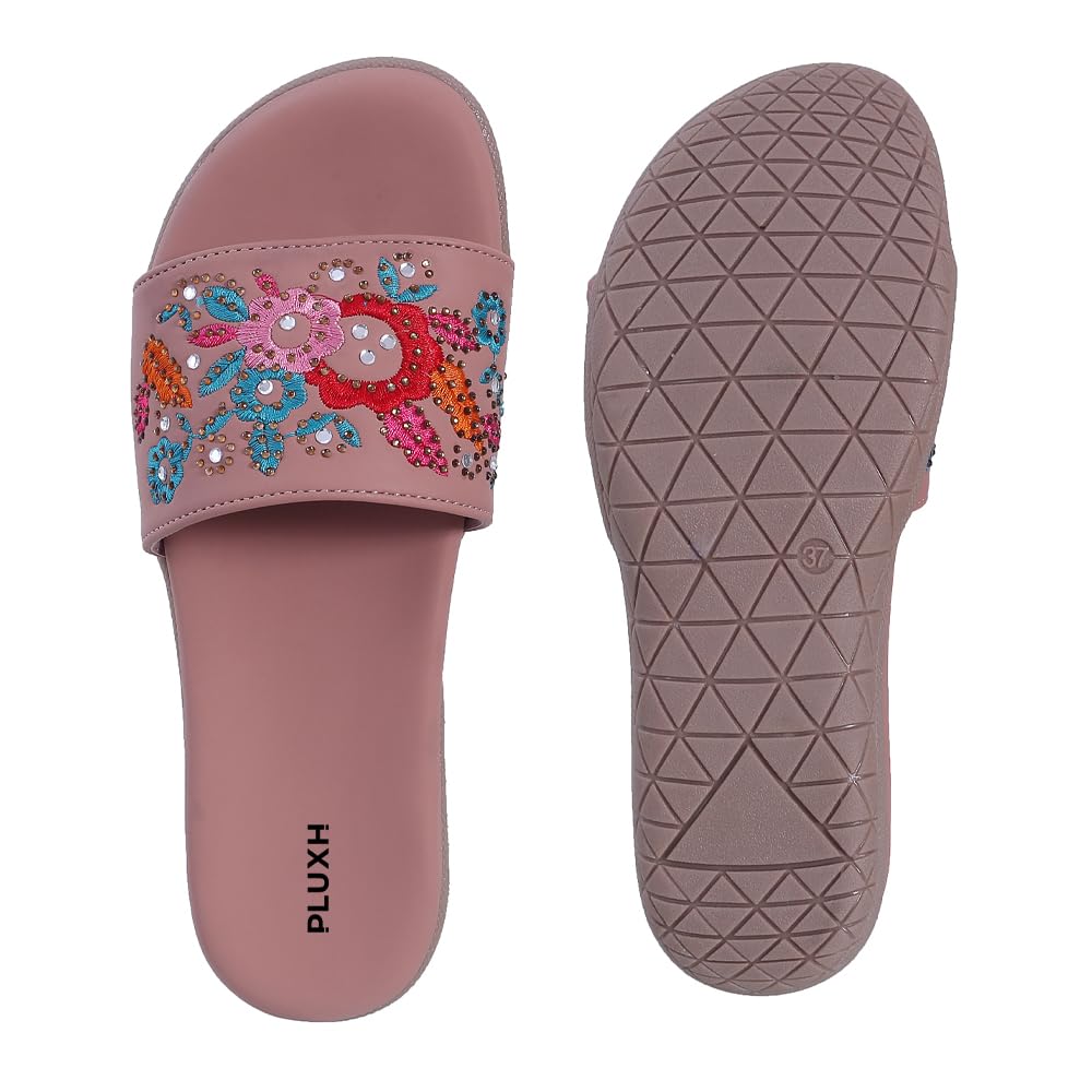 Pluxh Women Embroidered Slide Sandals | Ethnic Floral Slip-On Flats for Women | Comfortable Casual Daily Wear Fashion Sliders|5UK