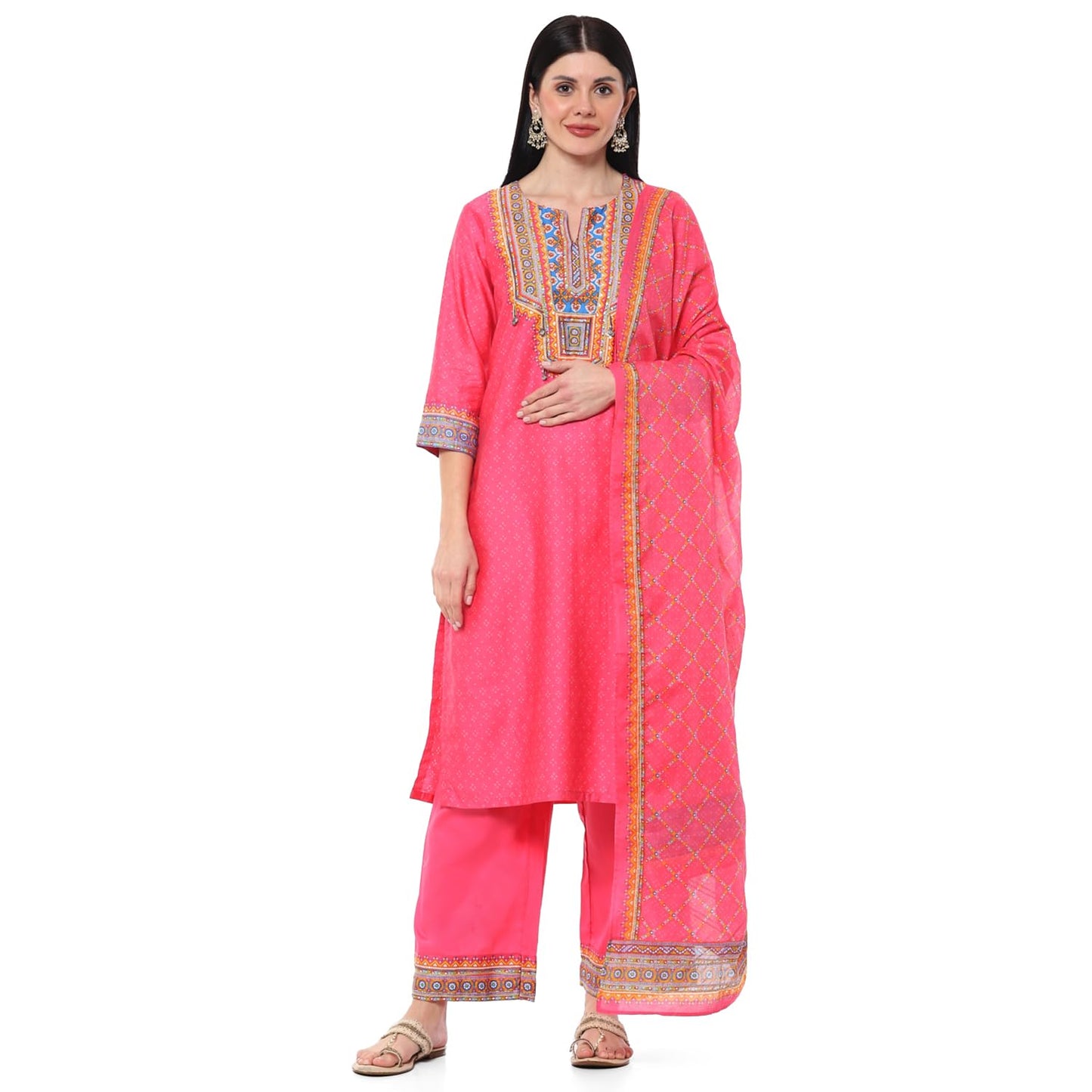 BIBA Women's Cotton PRINTED STRAIGHT KURTA SALWAR KURTA DUPATTA(SKDINDIE BOHO9454_FUCHSIA_38), Straight Fit, XL