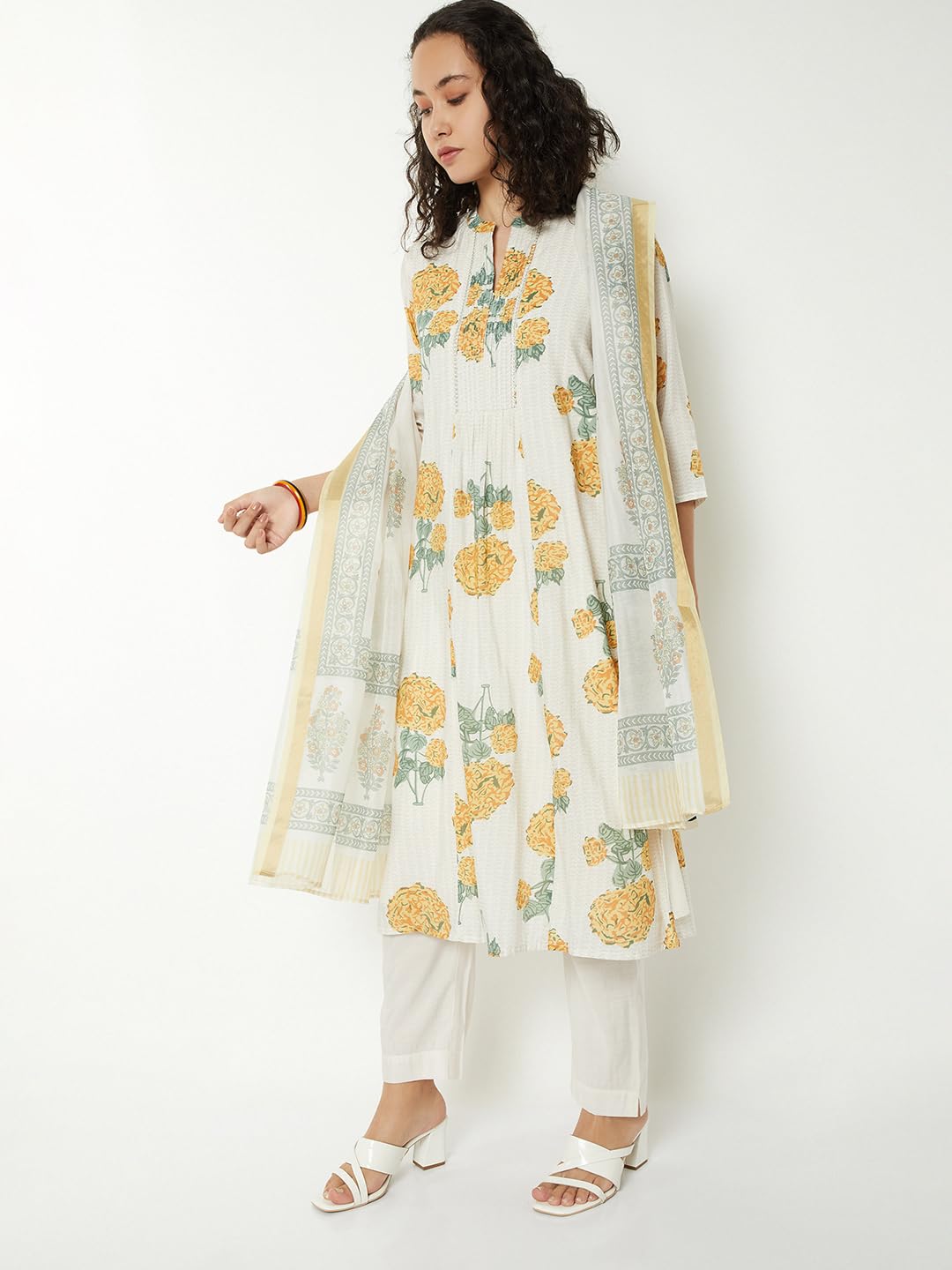 Max Women Floral Print A-Line Kurta Set (Off White_XXL)