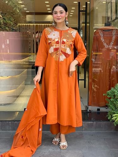 AVYUKTHA | Women Floral Embroidered Kurta with Pyjamas & Dupatta | Thread Work Ethnic Kurta Set for Women | Festive & Daily | Orange | Size- S