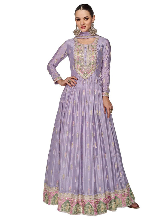 Miss Ethnik Women's Purple Chinon Stitched Top With Dupatta Full Sleeve Embroidered Anarkali Gown (ME-1179-Purple-XXL)