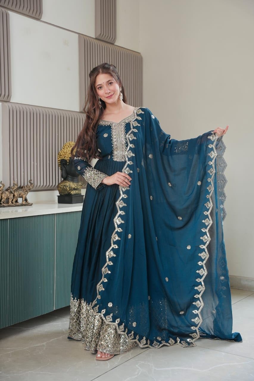 Women's Solid Embroidery Work Crush Silk Gown with Dupatta Long Sleeves and Round Neck Most Beautiful Havy Gown for Party | Wedding | Diwali |Any Occasion (in, Alpha, M, Regular, Women, Rama)