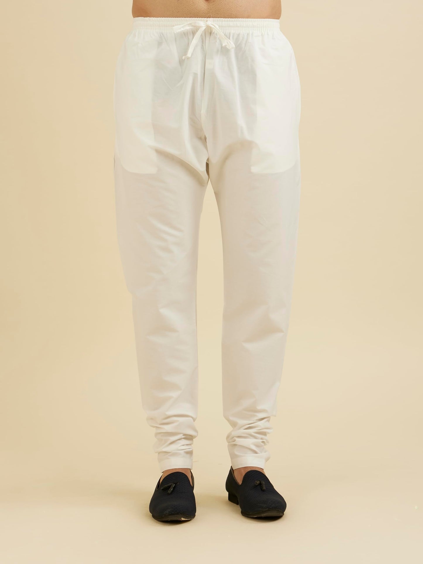 Manyavar Pyjama for Men, Ankle Length Elastic and String Cotton Pajama Cream (M)
