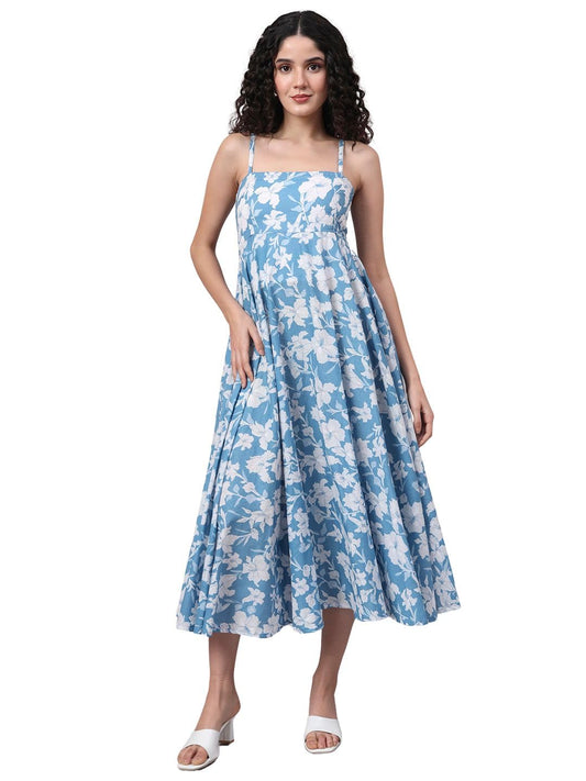 Divena Blue Floral Shoulder Straps Cotton Dress