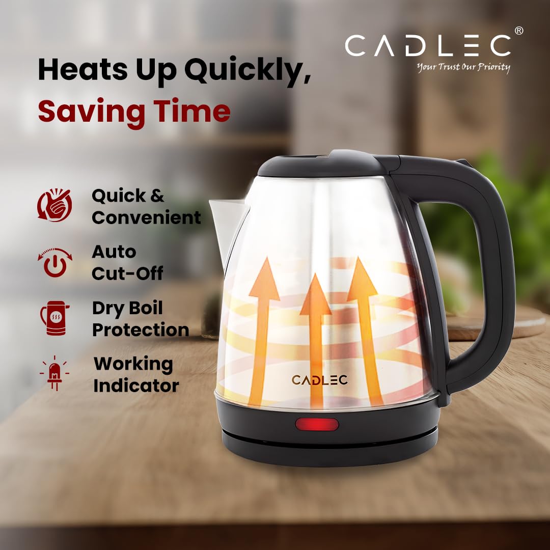 Cadlec Aquanix 1.8 Litre Electric Kettle with Stainless Steel Body | Automatic Cut-Off | Cool-Touch Handle & Lid | Multi-Use for Tea, Coffee, Noodles | 1500W | 2-Year Warranty