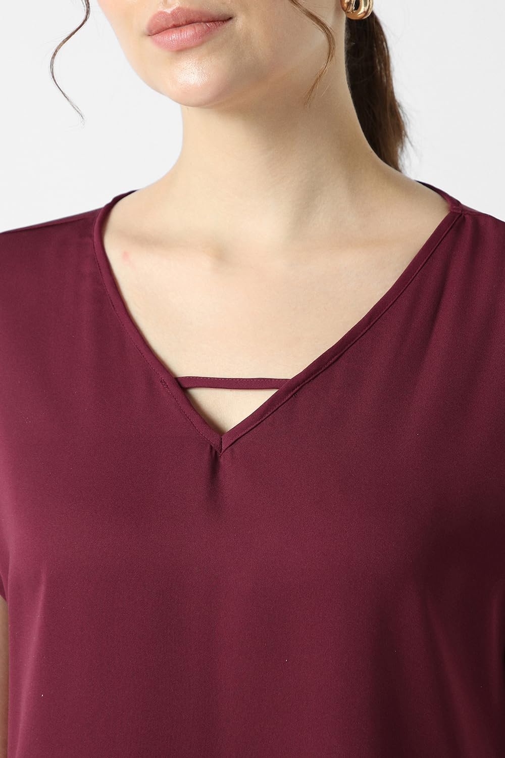 Women Maroon Solid Formal V Neck Top