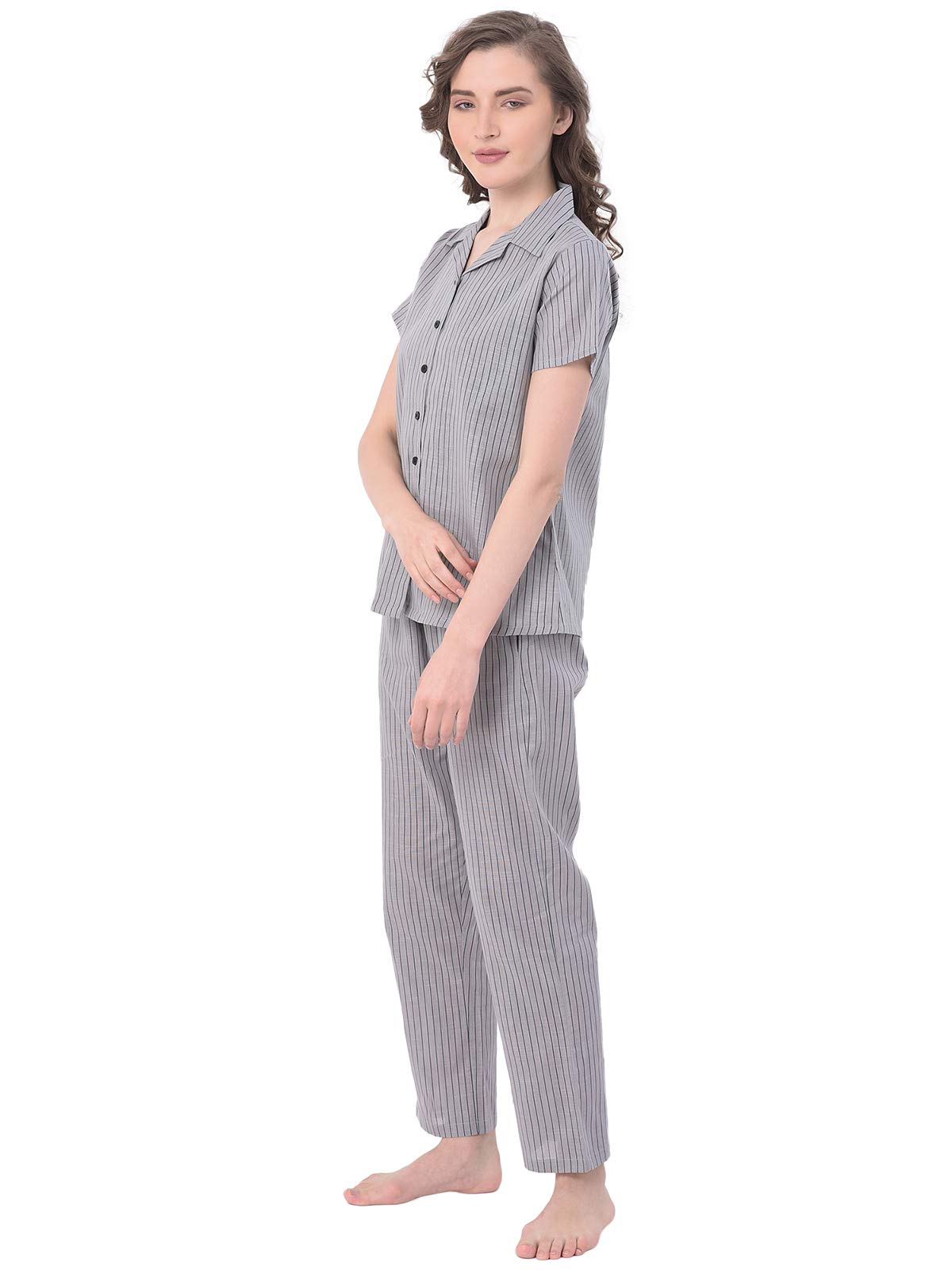 Clovia Women's Cotton Striped Ankle Length Casual Regular Shirt and Pyjama (LS0385P01XL_Grey_XL)