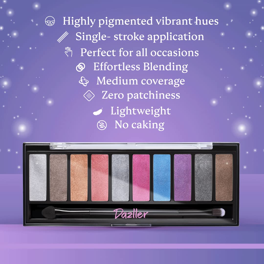 Dazller Eyeshadow 10-in-1 Palette,10g, DES6, Velvety Texture, No Patchiness, Easy blending, with Sponge-Brush Applicator (Multicolor)
