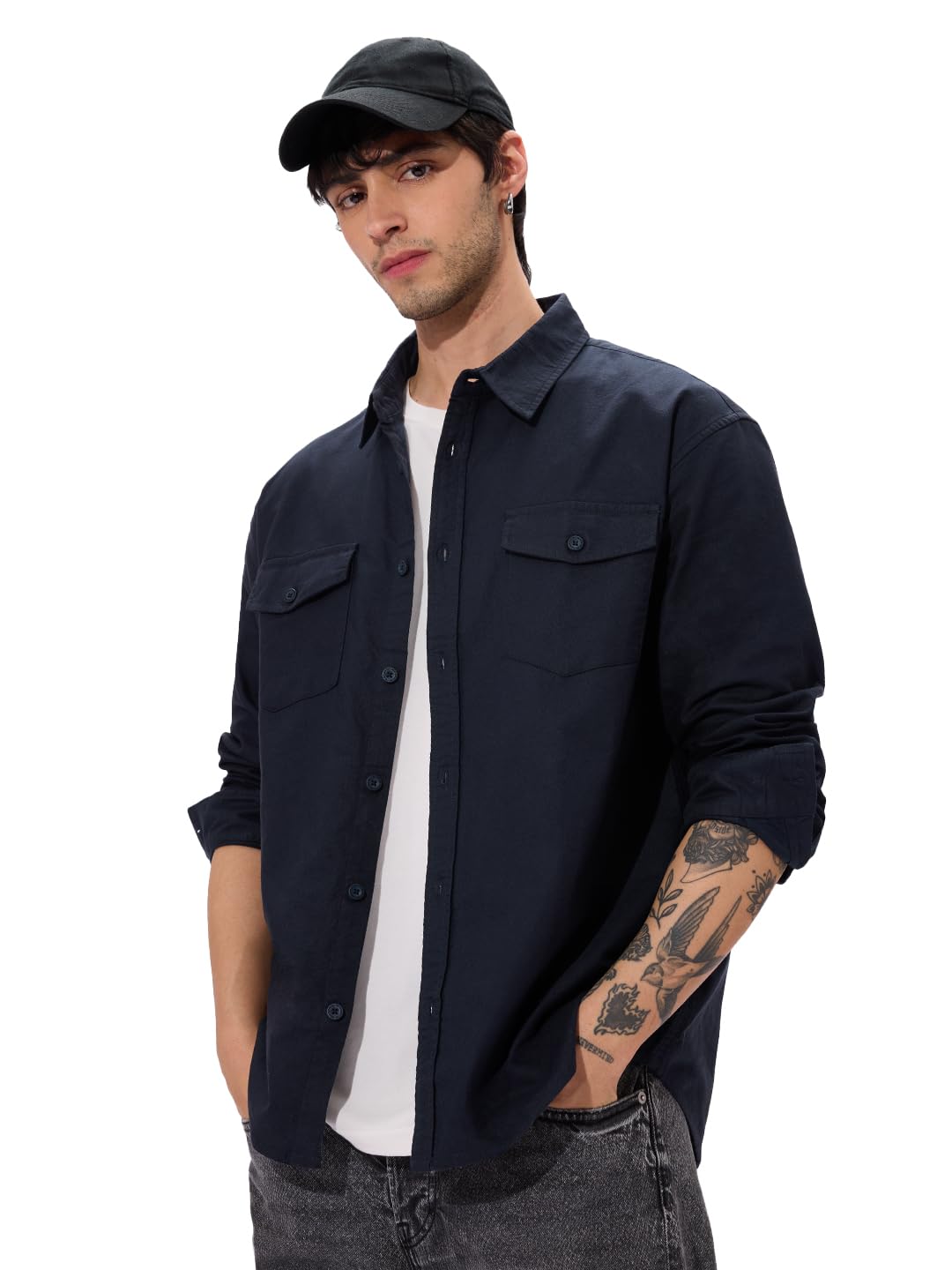 The Souled Store Solids: Classic Indigo Men and Boys Long Sleeves Collared Neck Button Front Cotton Utility Shirts