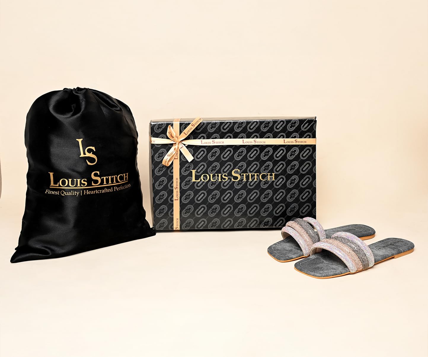 LOUIS STITCH Women’s Fashion Flat Slip-On Sandals | Open Toe Grey Glitter Strap Flat Slipper for Ladies, Comfortable Slipper | LSOF-LDSL-GLFSGY | (UK-5)