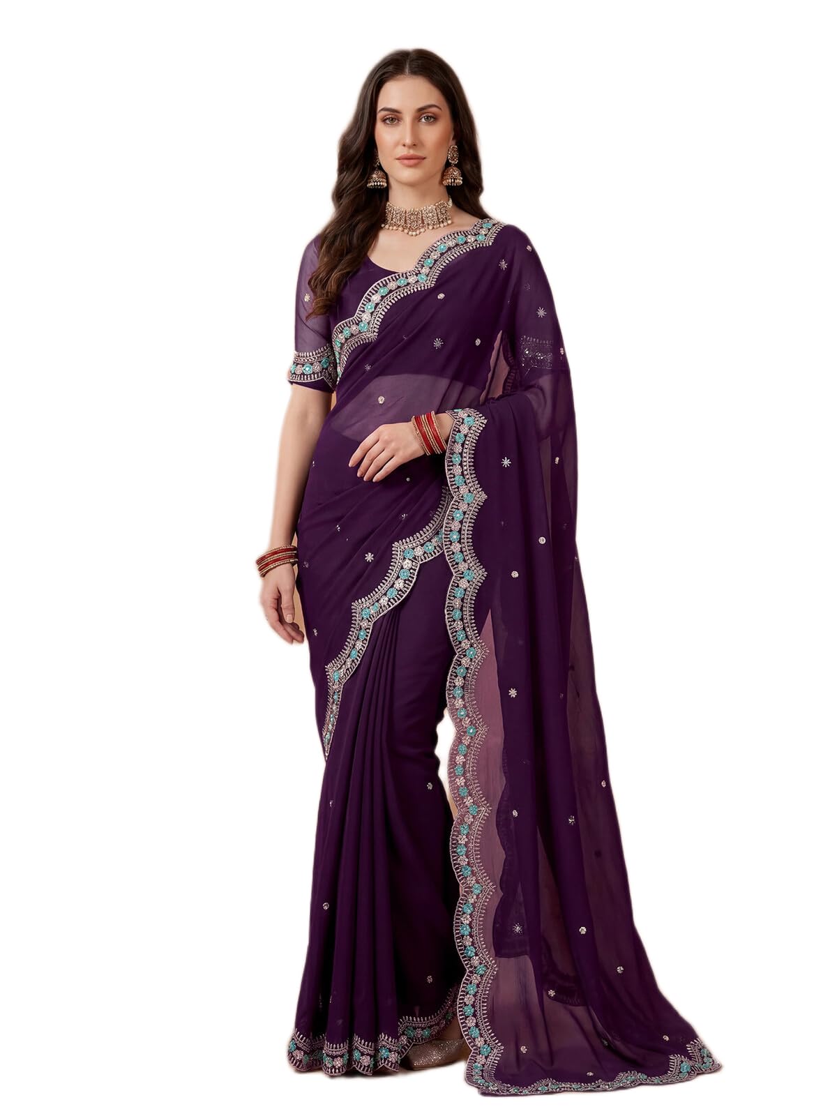 SIRIL Women's Chiffon Scalloped Border Embellished Sequins Embroidery Saree with Unstitched Blouse Piece (4995S1166A_Dark Wine)