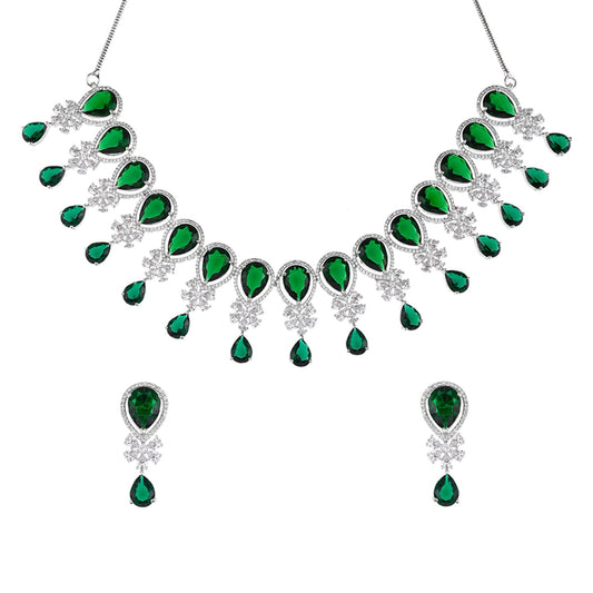 VOYLLA Cz Elegance Green Teardrop Zircons Jewellery Set For Women|Womens Jewellery Set|Gift For Women|Womens Gift|Gift For Her|