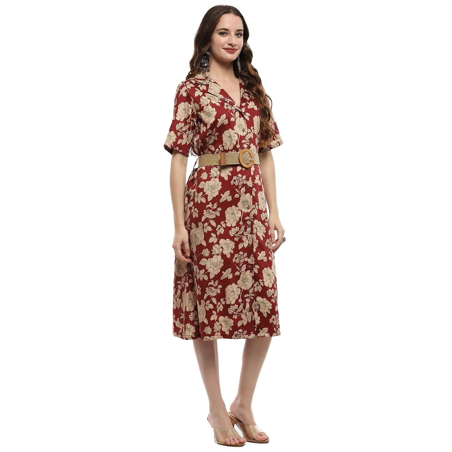 BIBA Women's Cotton Fit and Flare Below The Knee Formal Dress (ASSORTED1938EAW24MGNTA Magenta
