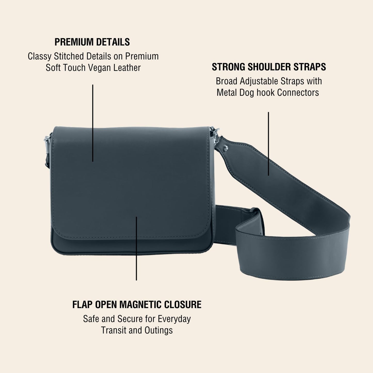 The Gusto Women Pulse - Premium Vegan Leather Cross Body Western Sling Bag | Handmade, Stylish Sling Bag With Adjustable Strap | College, Office, Casual Use | Moss Blue