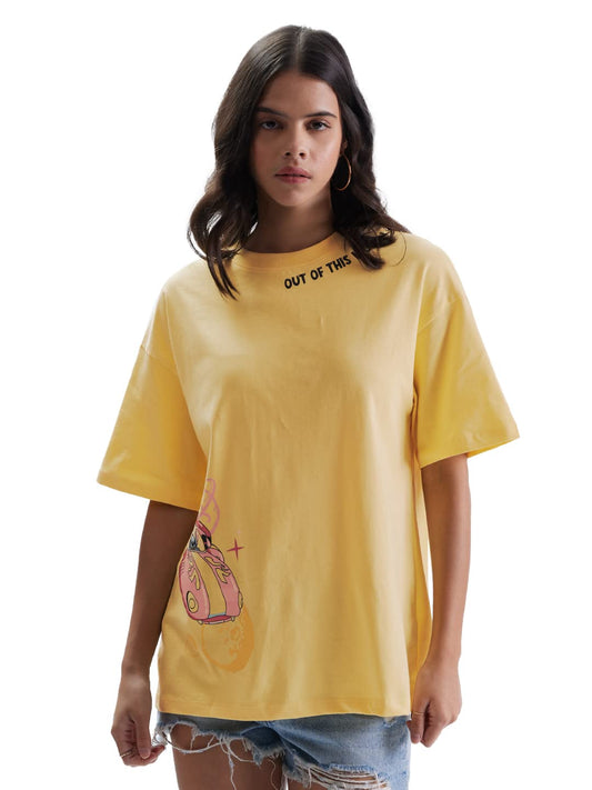 The Souled Store Lilo & Stitch: Out of This World! Womens and Girls Oversized fit Graphic Printed Half Cotton Yellow Women Oversized T-Shirts (220442_L_Yellow) Oversized T Shirts for Women