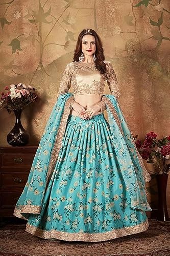 Zeel Clothing Women's Sky Blue Floral Printed Organza Semi-Stitched Lehenga Choli with Dupatta (7027-SkyBlue-Wedding-Bridal-Lehenga-New,Free Size)