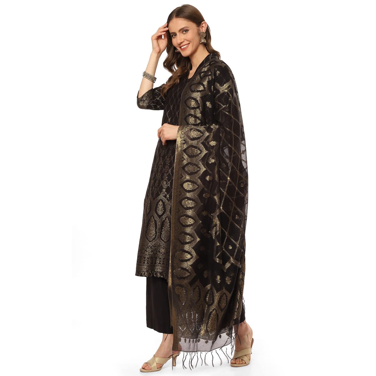 BIBA WOMEN YARNDYED STRAIGHT SALWAR KURTA DUPATTA(SKDASSORTED8389_BLACK_42)