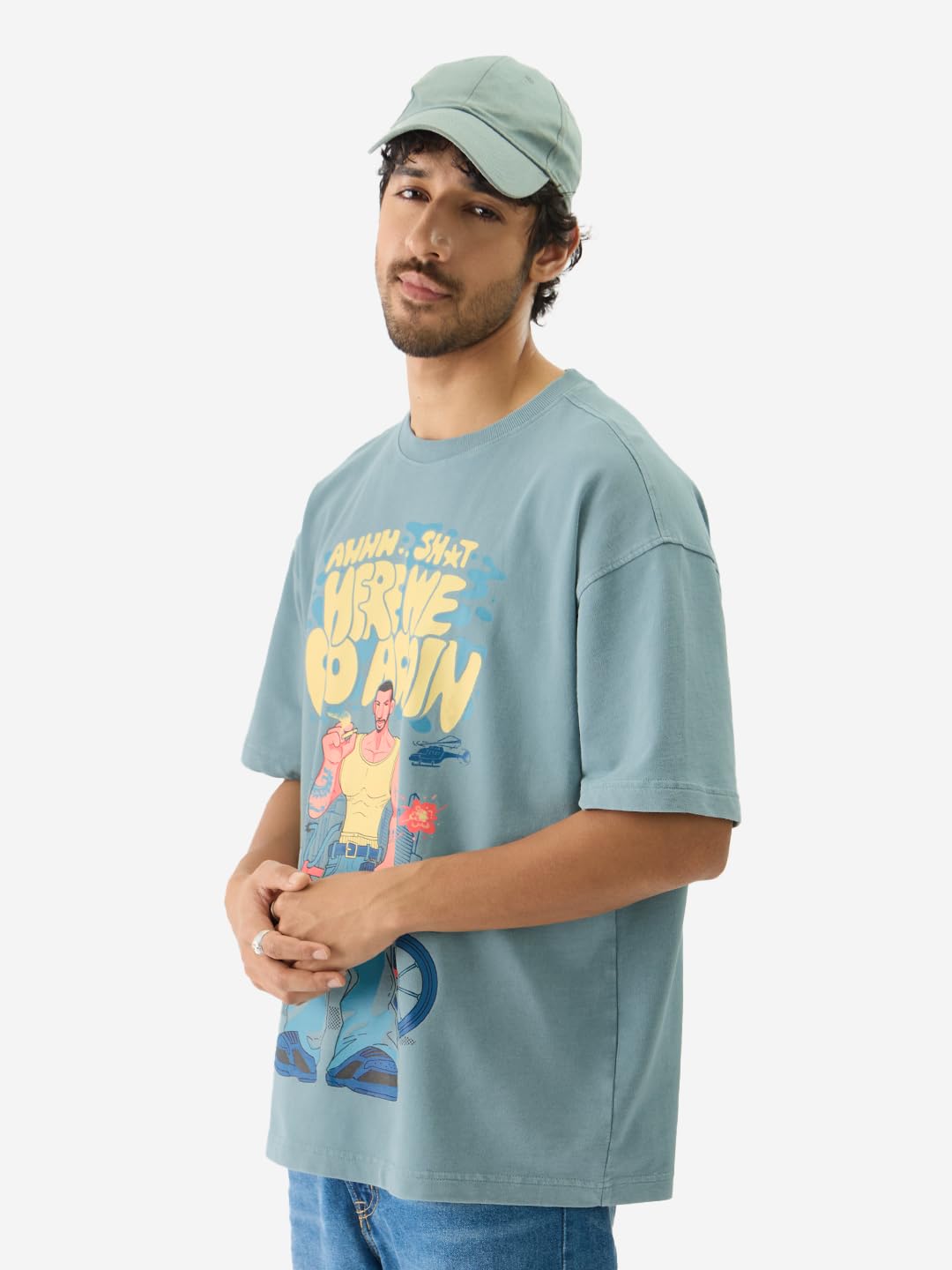 The Souled Store Here We Go Again Short Sleeve Round Neck Green Graphic Printed Cotton Oversized T-Shirts for Men and Boys- Trendy Tees for Every Day
