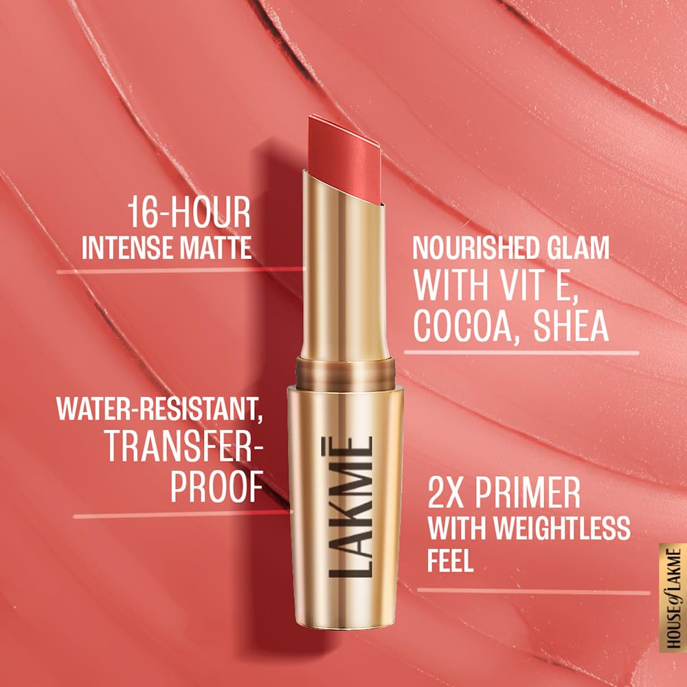 LAKMÉ Powerplay Priming Matte Lipstick, Smooth Matte Finish, Lightweight Lipstick, Smudgeproof, Lasts 16hrs, Hydrates Lips, Coral Date, 3.6g