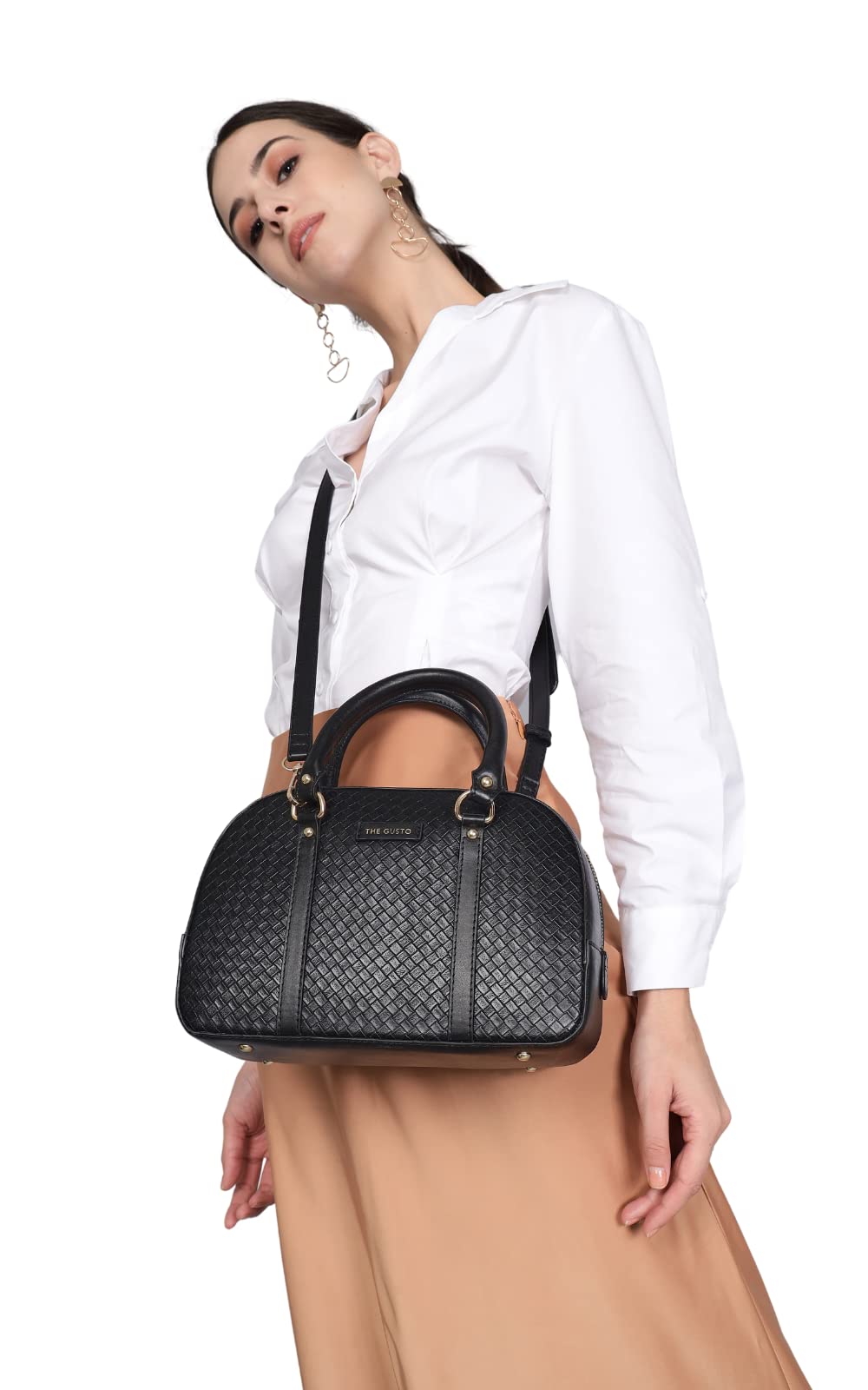 The Gusto Womens Vegan Leather Bowler Sling Bag|Ladies Stylish Cross Body Sling Bag- Black