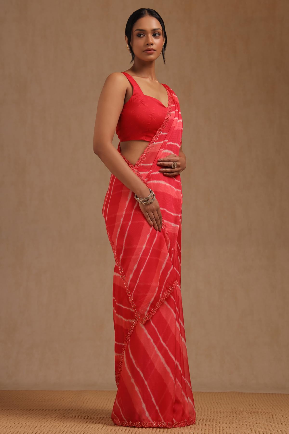 Soch Womens Red Georgette Leheriya Print Saree With Sequins