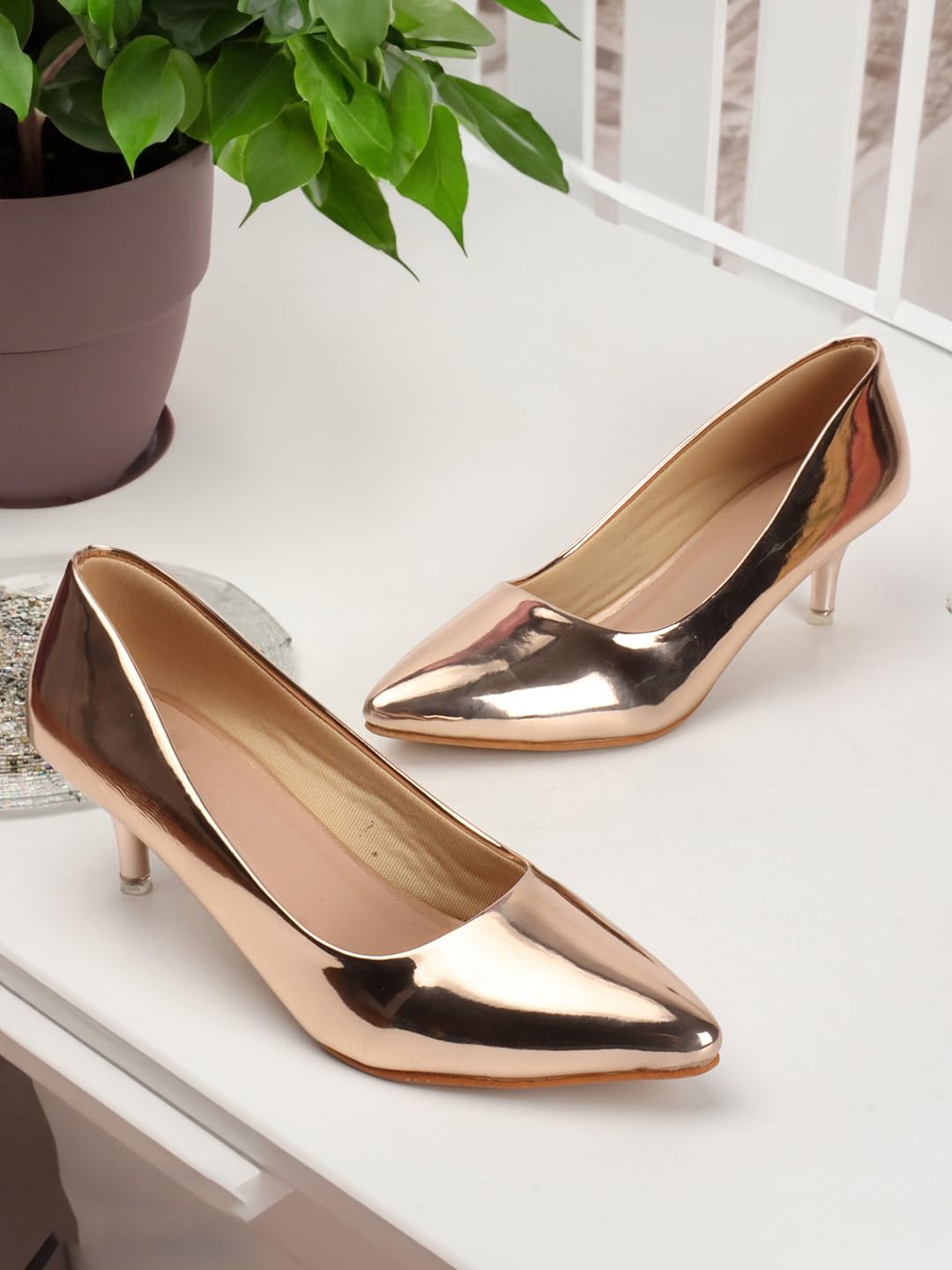 Carlton London Women Rose Gold Stylish Slip-on Pump Shoes with Stiletto Heels, Pointed Toe (40)
