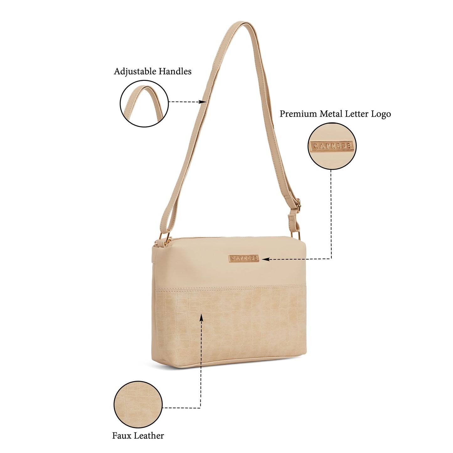 Caprese N Westwood Small Solid Crossbody Bag for Women, Stylish Sling Bag with Adjustable Strap, Trendy Spacious Crossbody Sling Bag for Girls (Beige)