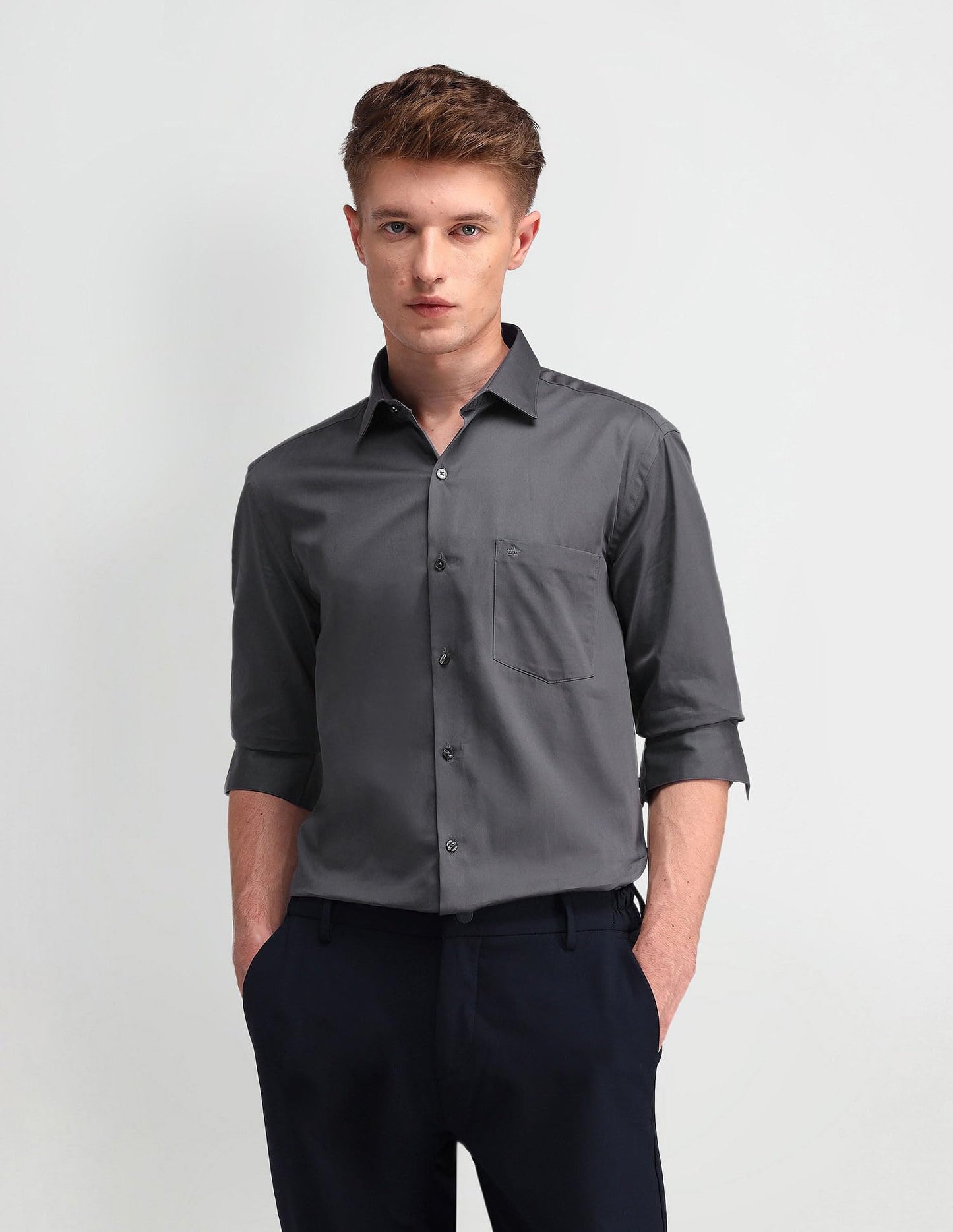 Arrow Men's Grey Solid - Cutaway Collar Full Sleeves Formal Shirt with Chest Pocket | Cotton Fabric | Slim Fit