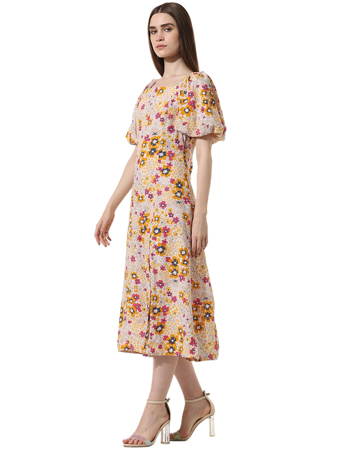 ONLY Women Printed Viscose Yellow Midi Dress