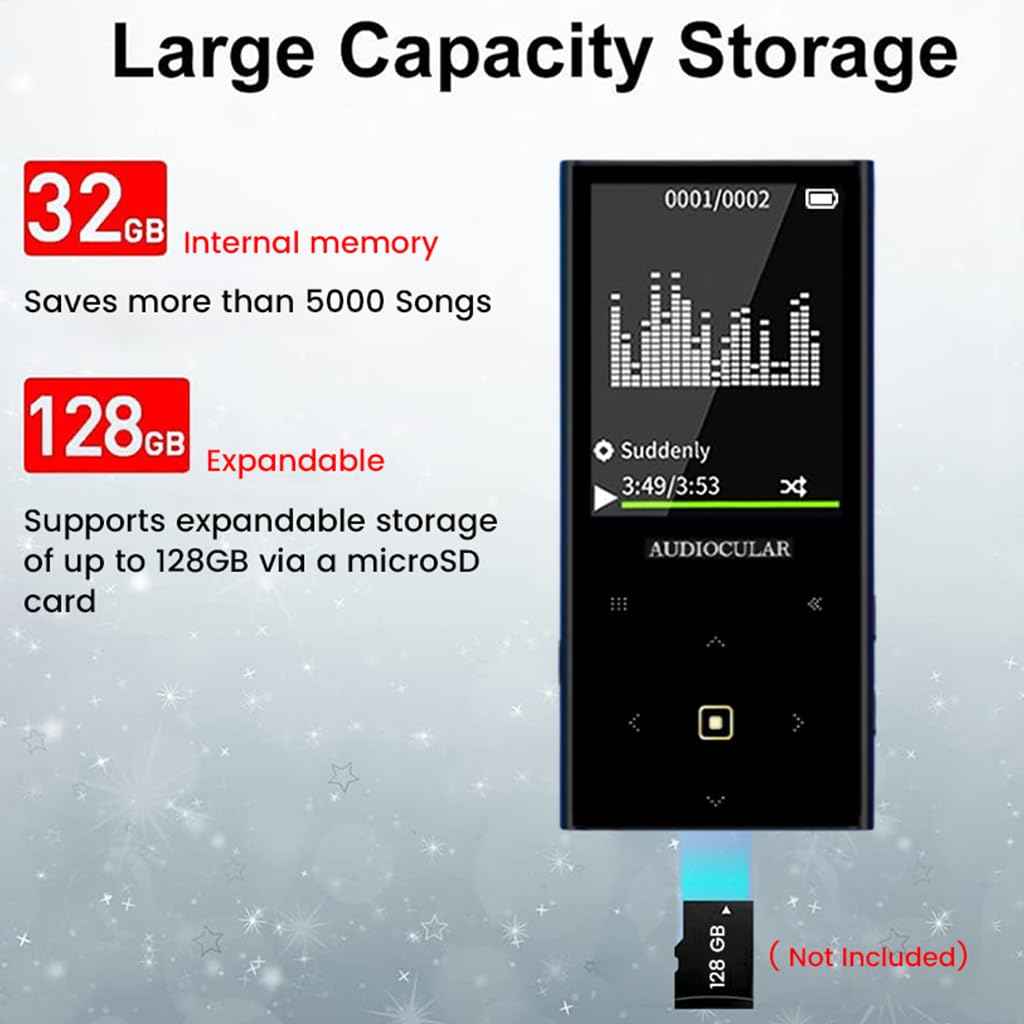 AUDIOCULAR M21 32GB Portable Mp3 Music Player with Bluetooth, 2.4” LCD Touch Screen, Video Playback, Built-in Speaker, Voice Recording Function, Pedometer, Mini Pocket Mp3 Player (32GB - Black)