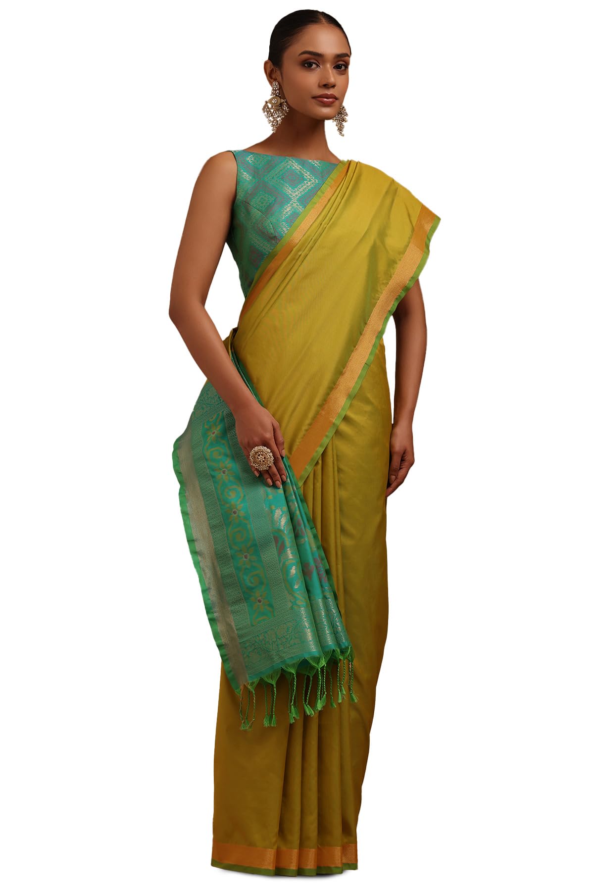 Soch Womens Light Green Silk Blend Solid Saree