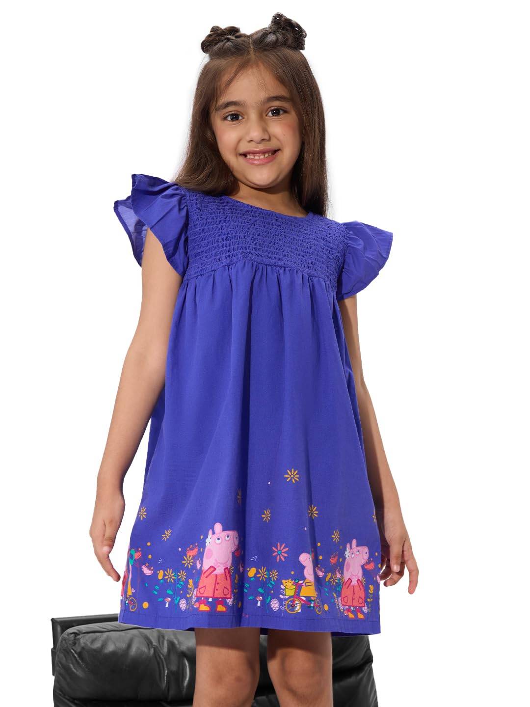 The Souled Store Peppa Pig: Autumn Girls Round Neck Short Sleeves Blue Printed Knee Length Cotton Dresses