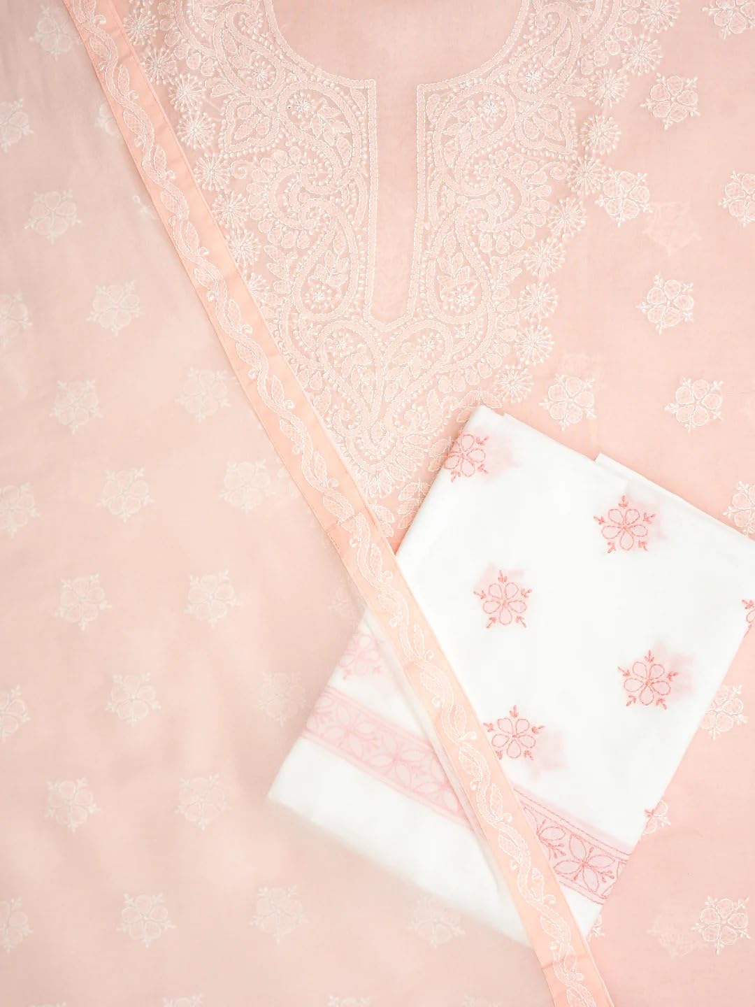 Ada Hand Embroidered Lucknowi Chikankari Unstitched Cotton Dress Material Suit Piece with Dupatta for Women A211366 Peach