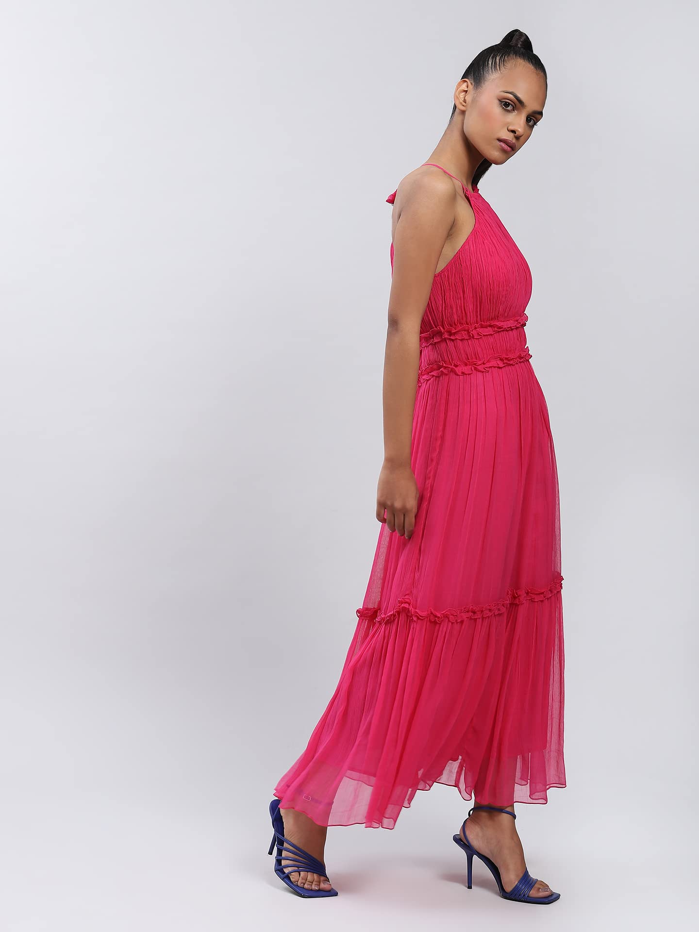 Label RITU KUMAR Halter Neck Solid Long Dress Pink