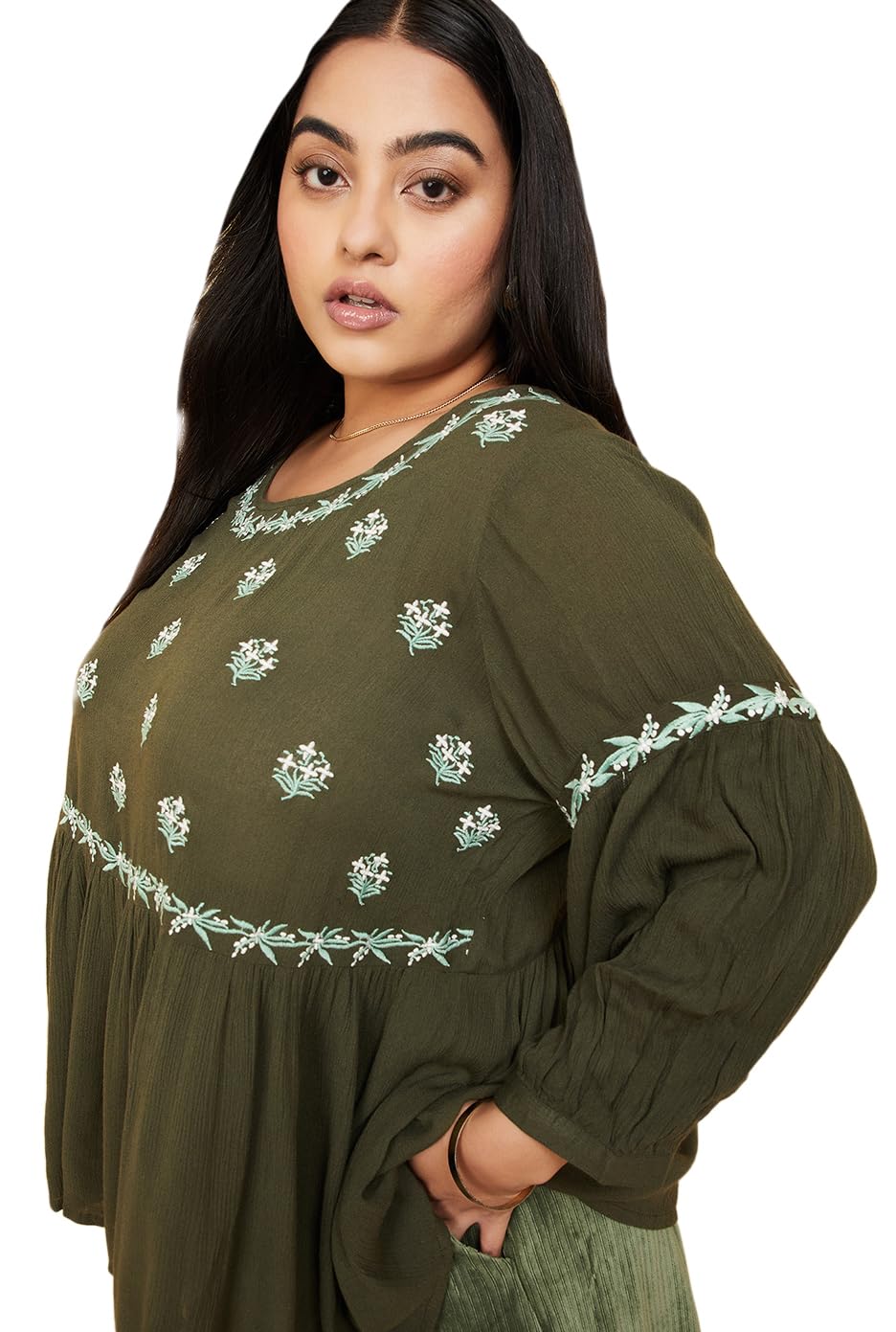 Max Women Rayon Regular Fit Plus Size Embroidered Gathered Top (EMB3101P_Olive Green)