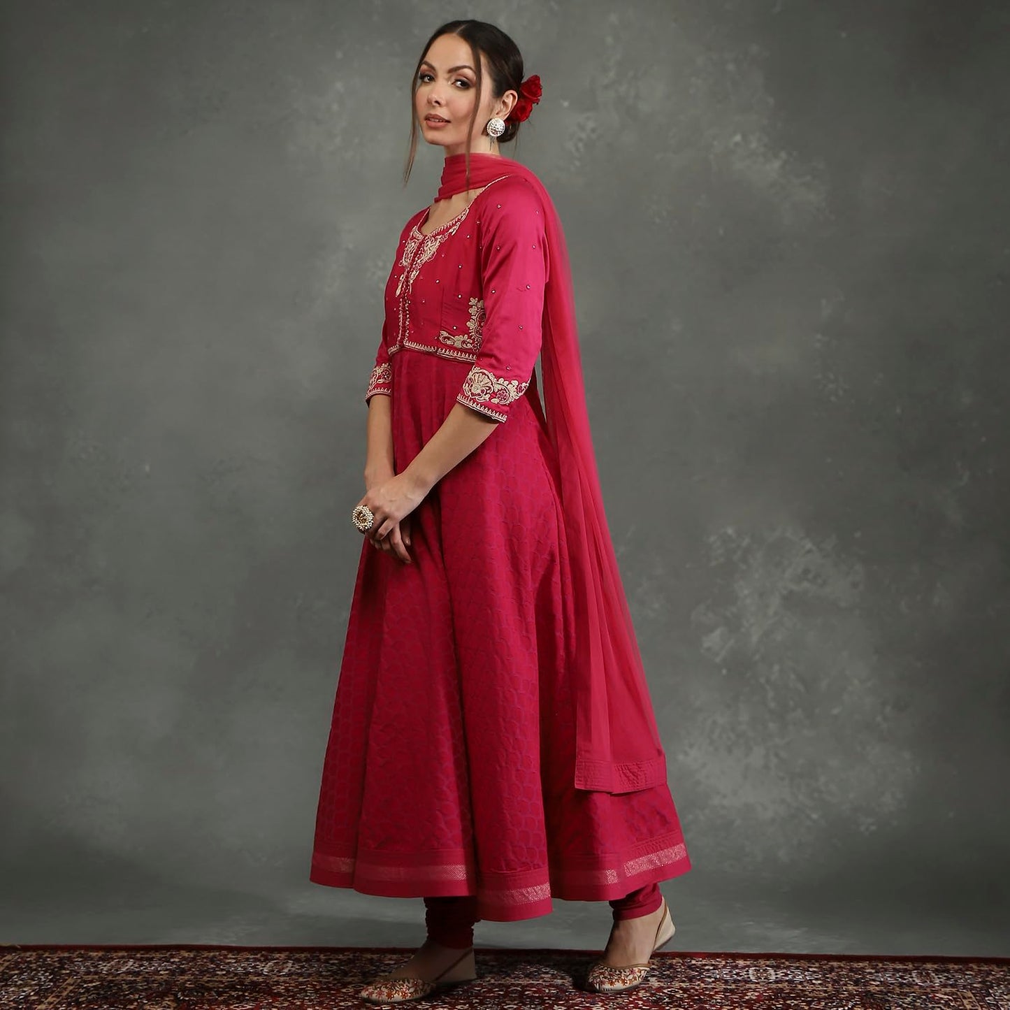 BIBA Women's Silk Chanderi Kurta Sets (CKD10745AW24FUS_Pink